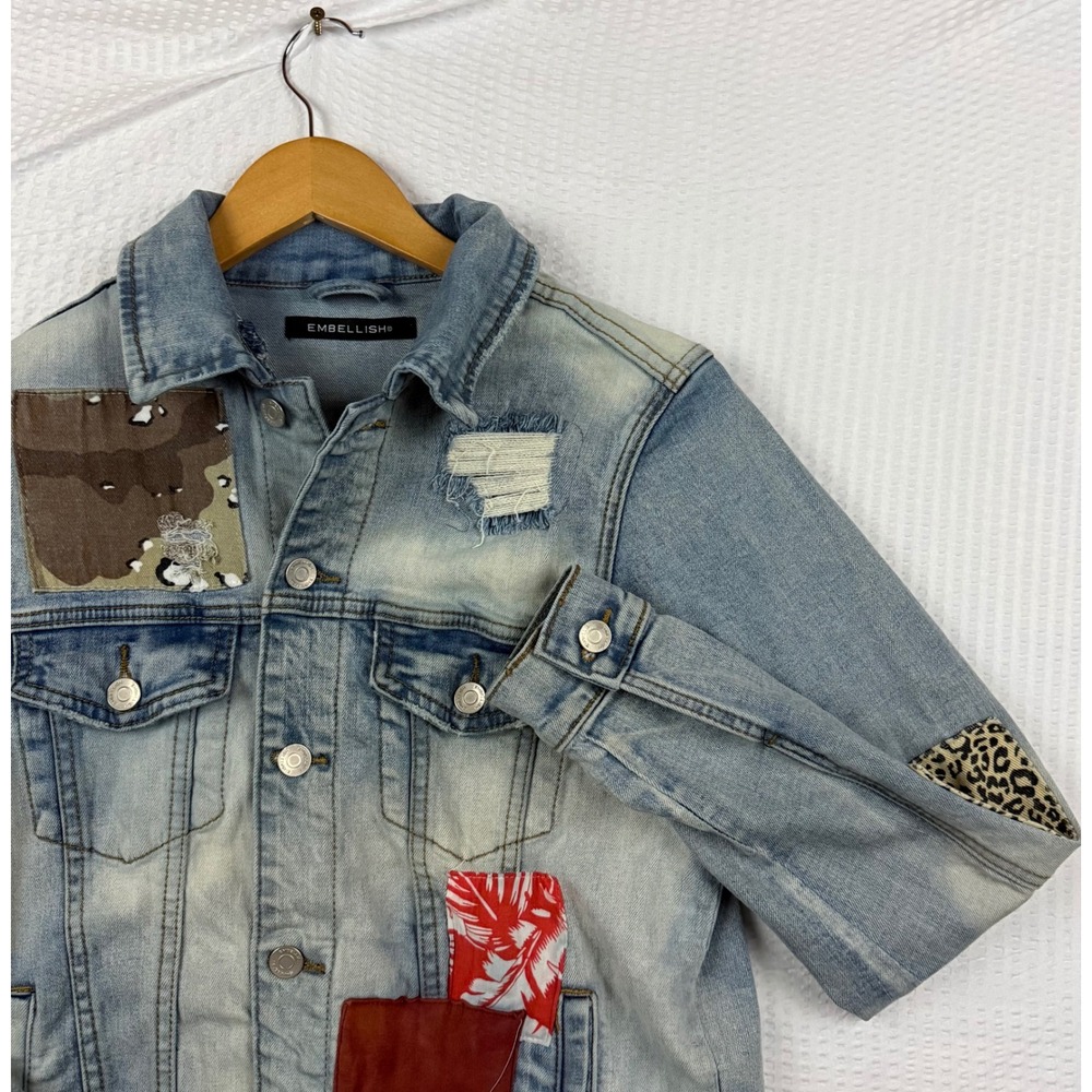 Embellish NYC Mens Distressed Patchwork Denim Jacket Light Wash S Camo Leopard